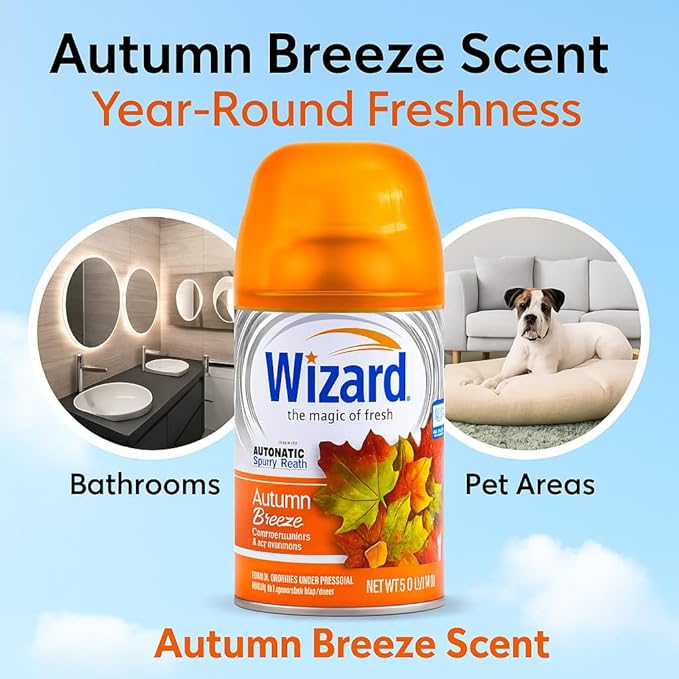 Wizard Automatic Spray Refill Autumn Breeze – 12 Pack (5 oz Each) | Compatible with Air Wick Freshmatic &amp Glade | Long-Lasting Air Freshener &amp Odor Neutralizer for Home Bathroom &amp Office