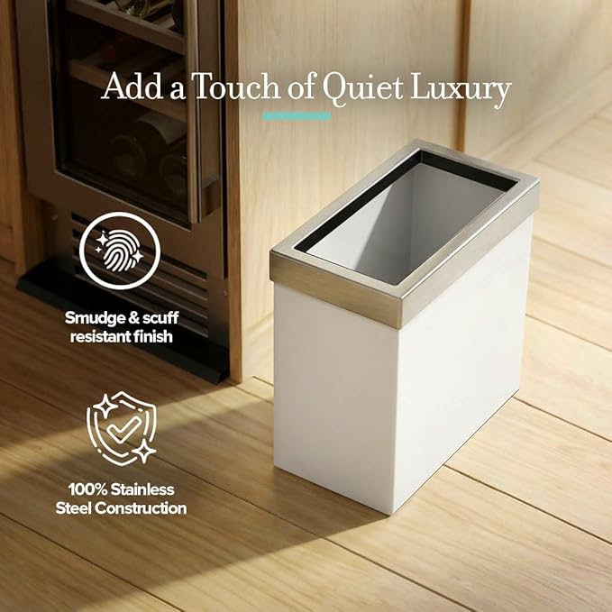 Gatco Small Bathroom Trash Can with Lid Rectangle 3 Gallon Stainless Steel Wastebasket Under Sink Matte Pearl and Satin Nickel for Bathroom Bedroom Office (1939SN)