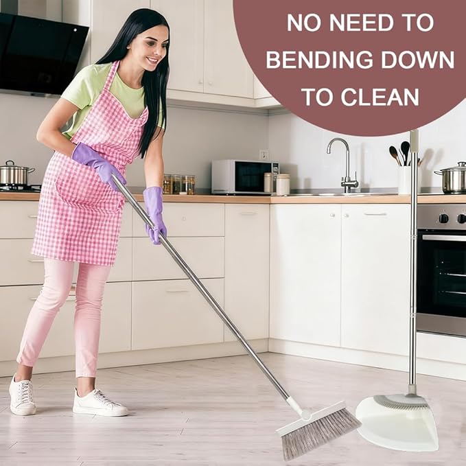 Triangular Indoor Broom and Dustpan Comb Set 180° Rotating Soft Bristle Long Handle Upright Sweeping Angled Broom with Self-Cleaning Teeth for Home Kitchen Office Wood Floor (White Gray)