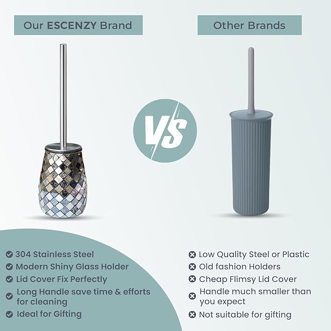 Escenzy Modern Toilet Brush and Holder Set Mosaic Glass | Non-Rustic Stainless Steel | Practical &amp Decorative Toilet Bowl Brush and Holder | Luxury Black and Gold Bathroom Accessories