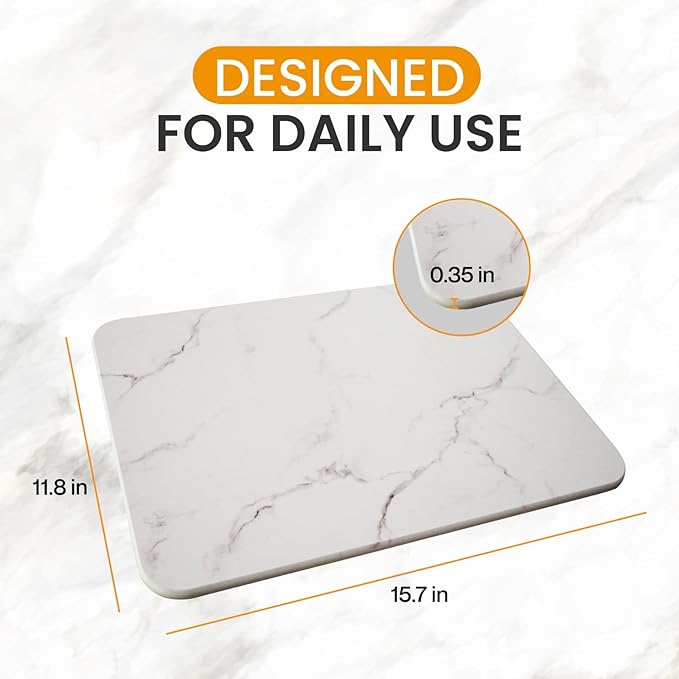 Diatomite Dish Drying Mat – Quick Absorption Non-Slip Heat Resistant up to 450°F – 16x12” White Marble for Kitchen Countertops