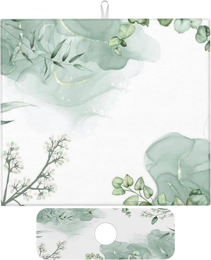 Watercolor Green Leaf Floral Dish Drying Mat for Kitchen Counter 16x18 Microfiber Absorbent Fast Dry Mat 2Pcs Dish Mat Faucet Mats Sets Large Drying Kitchen Mat Kitchen Drying Pad