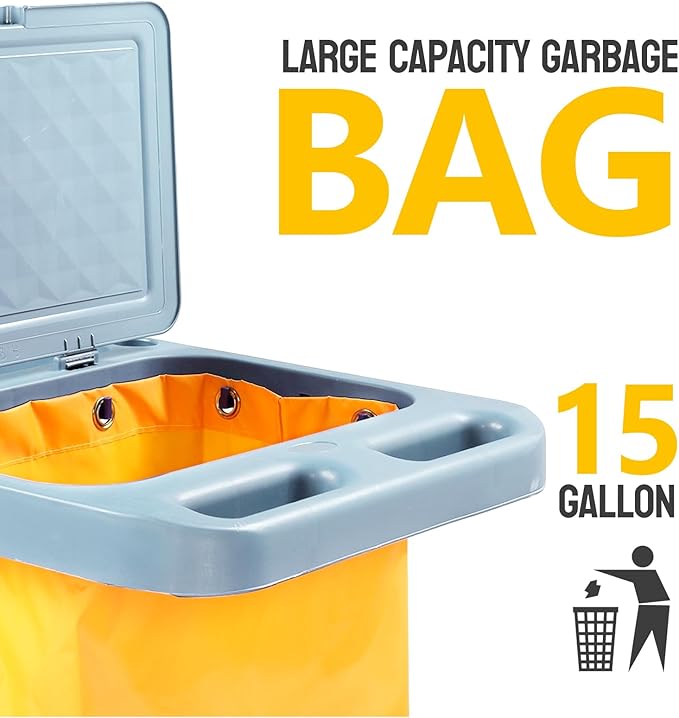 TUFFIOM Commercial Traditional Cleaning Janitorial 3-Shelf Cart 500 Lbs Capacity Housekeeping Cart 42.5 L x 18.7 W x 37.6 H Wheeled with 22 Gallon Yellow Vinyl Bag and Cover w lid Blue