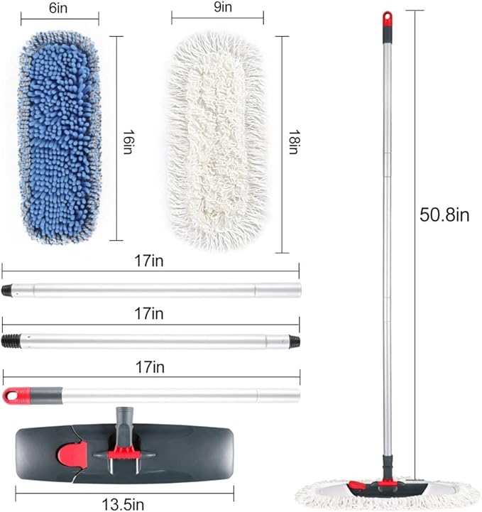 Microfiber Mop with Adjustable Stainless Steel Handle Pad for Kitchen Bedroom Cleaning