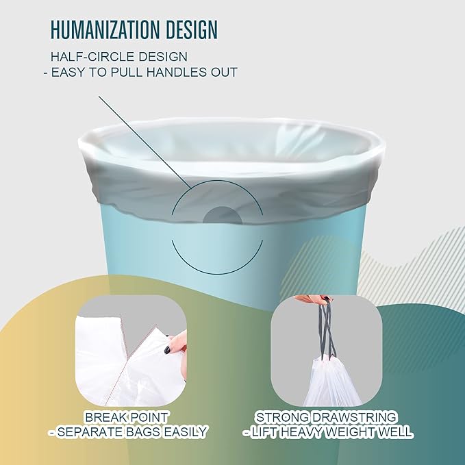FORID Mini Drawstring Trash bags - 1.2 Gallon White Plastic Garbage Bags 240 Count Small Can Liners for Bathroom Bedroom Office Home 5 Liter (1-2 Gal) - Durable &amp Thick Trash Bag