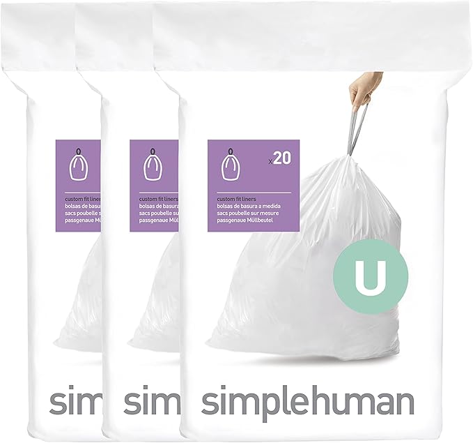 simplehuman Code U 60 Count Dispenser Pack Custom Fit Liners Drawstring Trash Bags 55 Liter / 14.5 Gallon White
