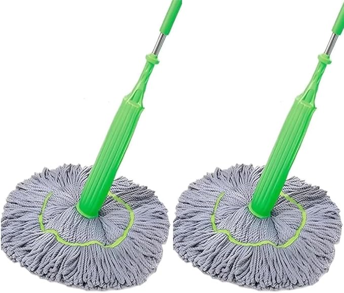 Spin Mop with Self-Wringing System 360° Swivel Stainless Steel Handle &amp Ultra-Absorbent Bamboo Fiber Mop Head No Wash Lazy Mops Wet and Dry - Lightweight &amp Compact (2 mops)