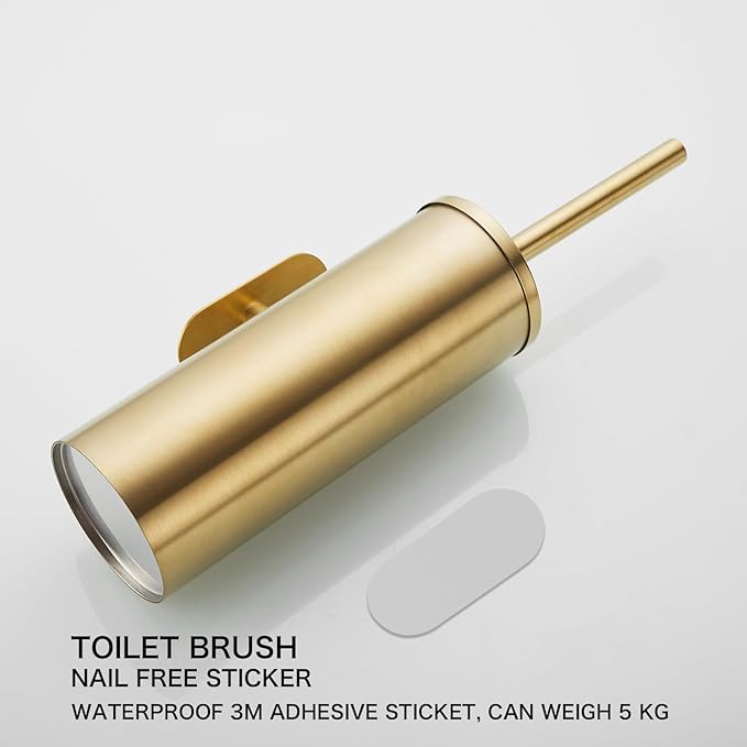 AIREMOEN 1PCS Brushed Gold Stud Free Toilet Brush and Holder Set 304 Stainless Steel Handle Toilet Brush Holder Toilet Brush and Plunger Set Bathroom Wall-Mounted Compact Toilet Brush Holder