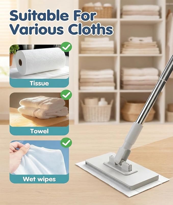 Zero Touch Snap Grip Mini Mop Convenient Cloth Changing Mini Mop 360° Rotating Head &amp Adjustable Handle Wet/Dry Use for Multi Cleaning Space-Saving Wall-Mount Design