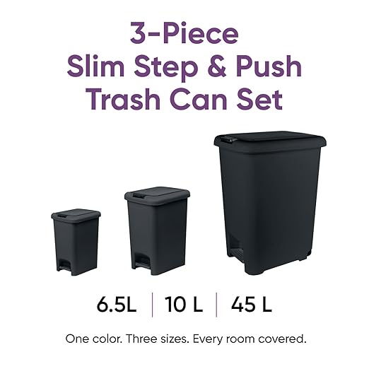 Superio 6.5L 10L and 48L Slim Step &amp Push Trash Cans - 3 Pack Dual Opening Smooth Matte Finish Durable Plastic - Black