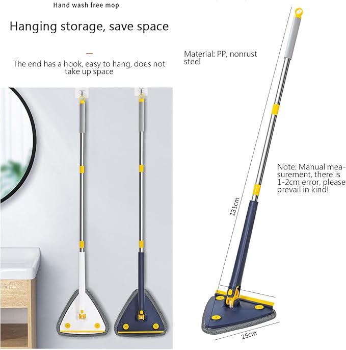 360° Rotatable Adjustable Cleaning MopTriangle Shaped Wall Mop with SqueegeeTelescopicLong Handle Microfiber DustWet and Dry Usefor WallCeilingWindowBaseboard-Blue||1 Cloth