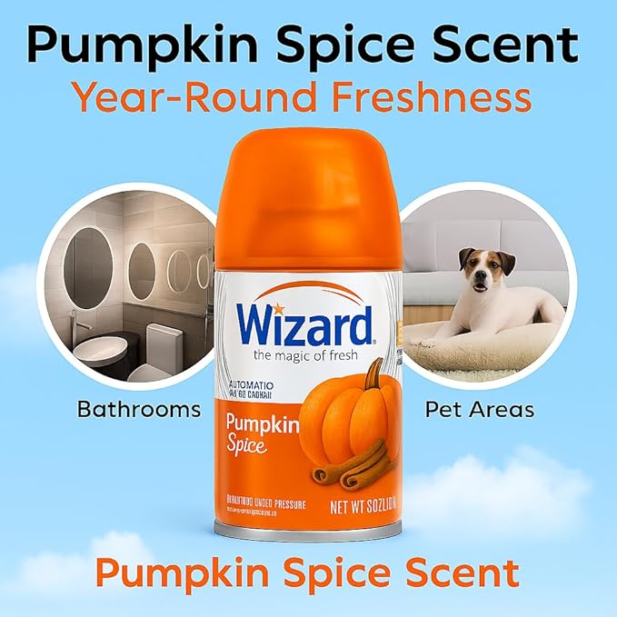 Wizard Automatic Spray Refill – Pumpkin Spice 5 oz (12 Pack) | Compatible with Air Wick Freshmatic &amp Glade Dispensers | Long Lasting Odor Neutralizer for Home &amp Office