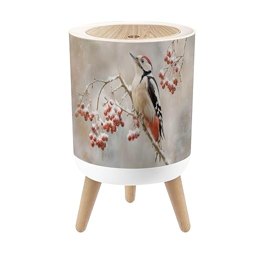 Bathroom Trash Can with Lid Abstract Woodpecker Snowy Red Berries Snow Tree Branch Winter Setting Garbage Bin Waste Basket for Kitchen Office Bedroom Decoration Diaper Pail 1.8 Gallon