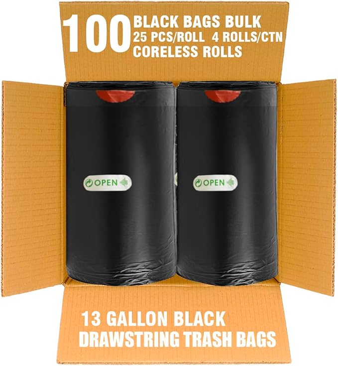 13 Gallon Trash Bags Drawstring 100 Count Bulk Black &amp Unscented Garbage Bags Multi-purpose Tall Kitchen Trash Bags Can Liners for Business Home Commercial and Industrial
