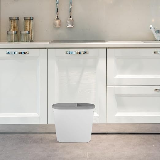 Plastic Trash Can with Press Lid Narrow Household Garbage Bin for Kitchen and Bathroom White-Grey Covered Wastebasket for Small Spaces