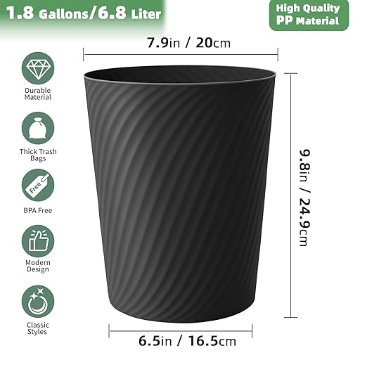 Small Trash Can 1.8 Gallons Bathroom Trash Can &amp Garbage Can with 6 Trash Bags Bedroom Trash Bin &amp Waste Basket for Office Bedroom Living Room Kitchen Compact Space (6-Black)