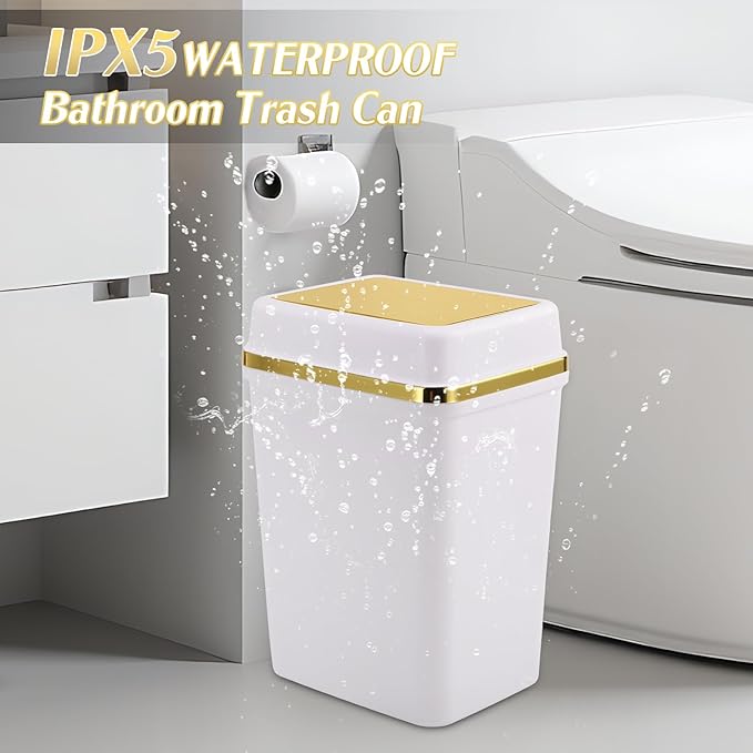 3 Pack Bathroom Trash Can with Lid 4 Gallon Small Trash Can with Swing Lid White and Gold Bathroom Garbage Can with 225 Counts Trash Bags for Kitchen Bedroom Office