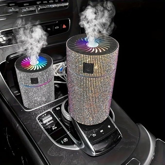 Luxury Rhinestone Car Diffuser Humidifier With LED Light Auto Air Purifier Aromatherapy Diffuser Air Freshener Car Accessories (white)