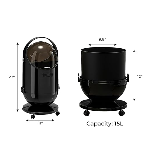FINCHESCLUB Trash Can with Rolling Lid Small Waste Basket with Removable Wheels Modern Garbage Can for Home Kitchen Office Bathroom Decor - 15L / Black
