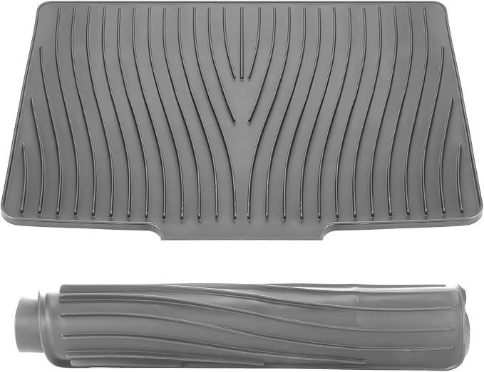 Extra Large Silicone Dish Drying Mat For Kitchen Counter Drying Pad 23.6 x 19 Inch Rubber Dish Drainer Mat with Drain Lip for Sink Drawer Liner(Grey)