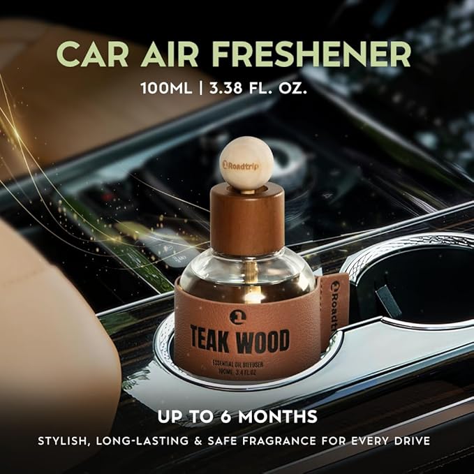 Car Air Freshener - Long Lasting Essential Oil Diffuser - Aromatherapy Accessories for Men &amp Women - Valentines Day Gifts for Him - Teakwood Car Scent Diffuser 3.38 FL OZ/100ML