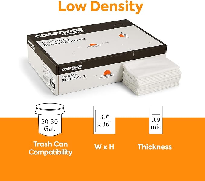 20-30 Gallon Trash Bag 30 x 36 Low Density 0.9 mil White 200 Bags/Box