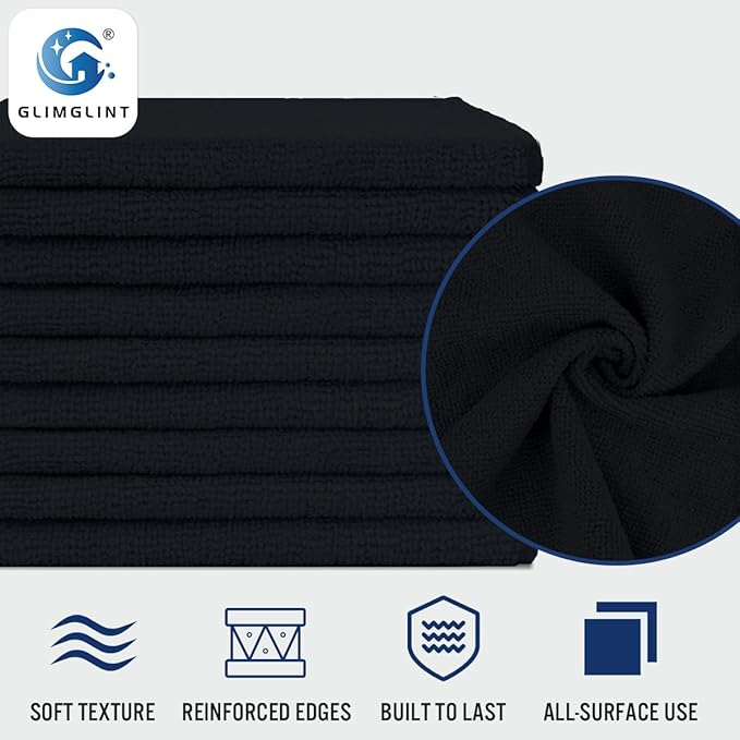 GLIMGLINT Black Microfiber Cleaning Cloth150PK Reusable Cleaning RagsHighly Absorbent Shop Rags BulkAll-Purpose Car Cleaning Towels for TV Screen Kitchen Bathroom Restaurant Garage 14X12