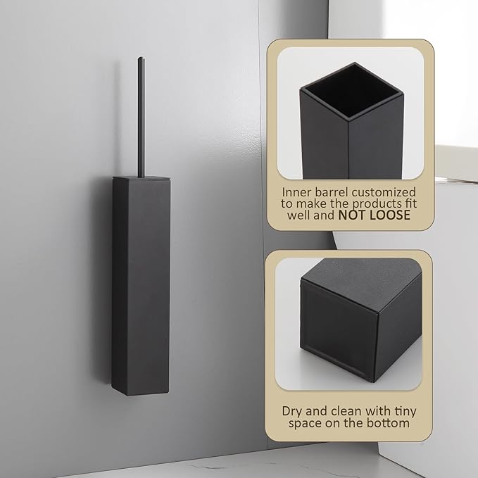 Toilet Brush and Holder Wall Mounted Black Aluminum with 2 Replaceable Heads Bathroom Toilet Brush Drill or 3M Adhesive Mount Removable Liner and Splash Guard Modern Square Design