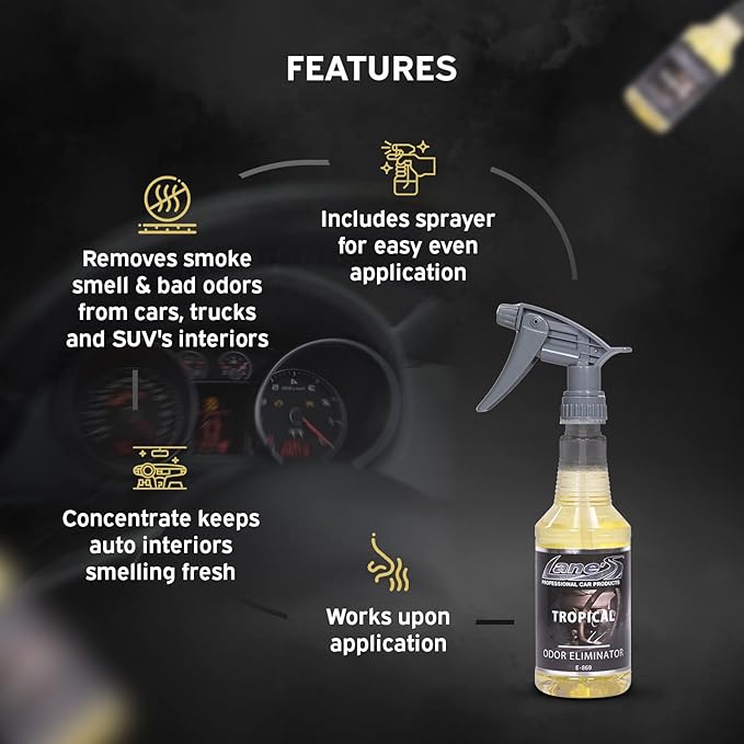 Lane's Premium Car Air Fresheners - Tropical Odor Eliminator Scent - 32oz Eliminate Bad Odors of Pet &amp Food From Car Interior Leather Carpet Upholstery Great For Cars Trucks SUVs RVs &amp Mo