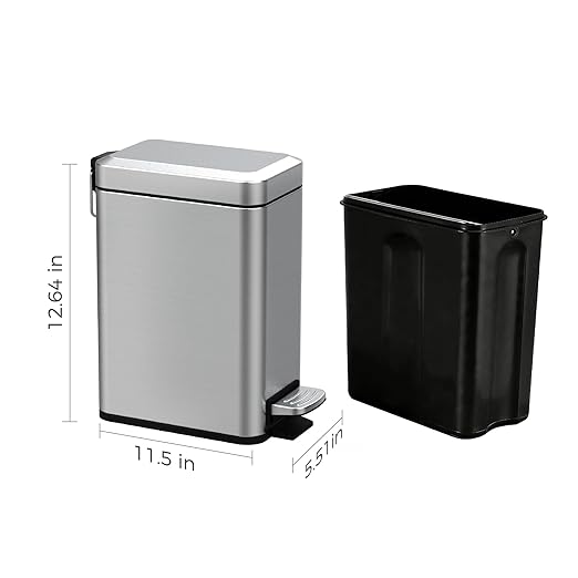 Sineng 1.6 Gallon Stainless Steel Slim Rectangular Pedal Trash Can with Soft Close LidSpace-Saving Waste Bin for BathroomBedroomDurable Pedal Step Trash canCompact Trash bin