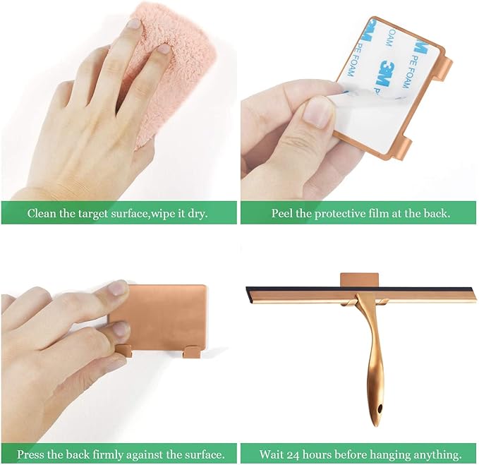 OPERNEE Shower Squeegee with Self Adhesive Hook 14 Inches Stainless Steel Squeegee Cleaner All-Purpose Window Scraper for Bathroom Doors Mirror Windows and Car Glass Rose Gold