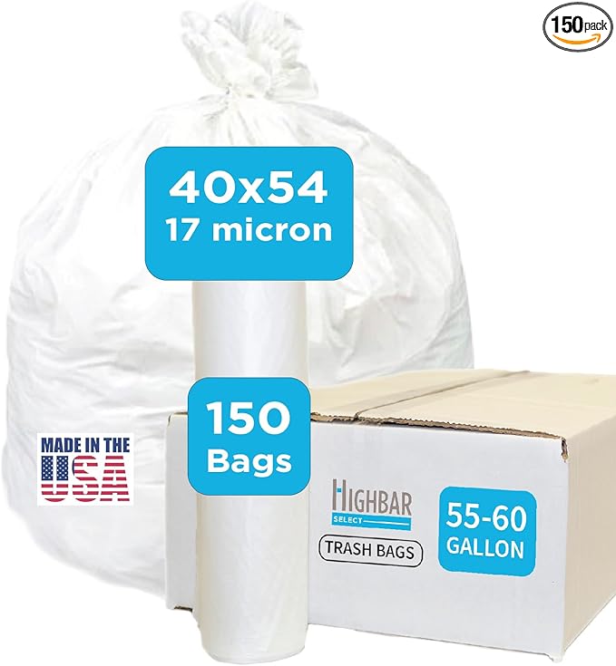 Large Garbage Bag - 55-60 Gallon Capacity Heavy Duty High Density Tear Resistant Unscented Extra Strength for Commercial Industrial Office House Lawn Events Bulk Qty 150 Bags
