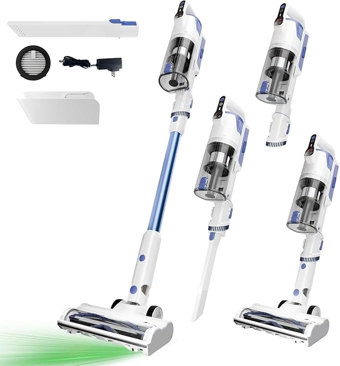 Cordless Vacuum Cleaner with Self-Standing 45KPA Stick Vacuum 88000RPM Brushless Motor &amp LED Display Anti-Tangle Lightweight Vacuum Cleaners for Home Pet Hair Hardwood Floors Azure