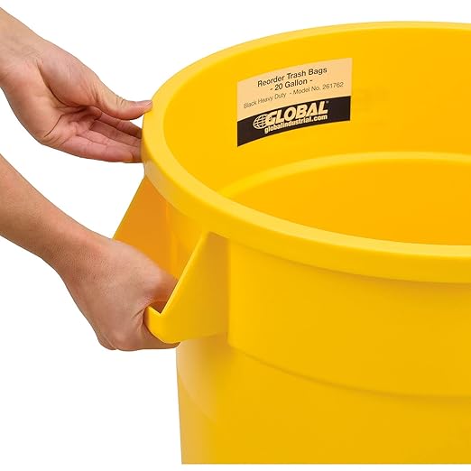 Global Industrial Commercial Round Trash Can 20 Gallon Capacity Plastic Garbage Can Indoor and Outdoor Utility Trash Can Yellow 19 W x 22-1/2H No Lid