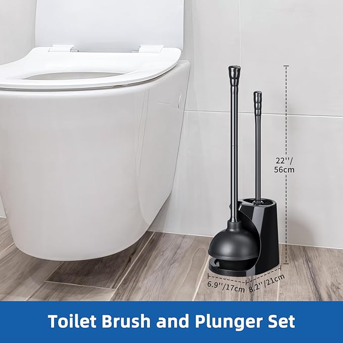 Qaestfy Toilet Plunger and Brush Set for Bathroom Cleaning 2-in-1 Long Handle Toilet Bowl Brush with Stiff Bristles &amp Powerful Plunger Space-Saving Holder (Pack of 2)
