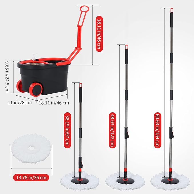 Mop and Bucket Set 360° Spin Mop and Bucket with Wringer Set and 3 Microfiber Mop Refills Stainless Steel 61'' Extended Handle Spinning Mop Bucket System for Floor Cleaning