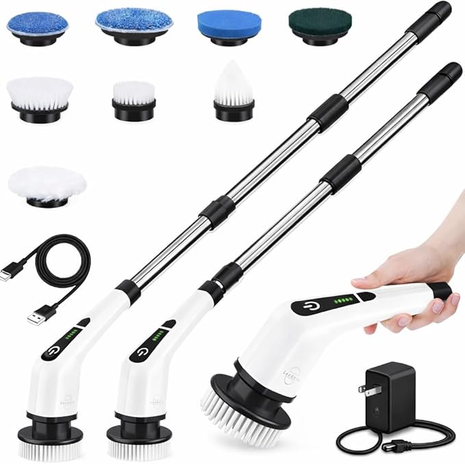 Electric Spin Scrubber Cordless Cleaning Brush - 8 Replaceable Brush Heads-90Mins Work Time 3 Adjustable Size 2 Speeds for Bathroom Shower Bathtub Glass Car with 18W Fast Charger Included (White)