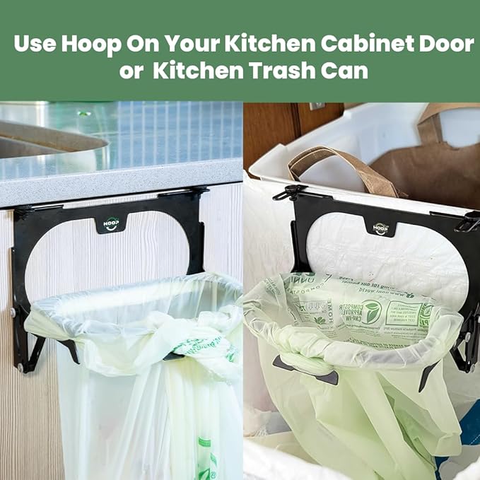 Hoop Metal Compost Bag Holder + 25 Compostable Bags 3 Gallon Clips to Kitchen Trash Can Kitchen Cabinet Door Replaces Countertop Compost Bin Hanging Trash Can.