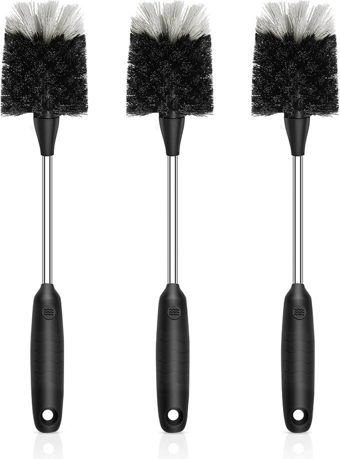 3 Pack Bottle Brush Set - 13-Inch Long Stainless Steel Handle with Non-Slip Grip for Cleaning Sports Bottles Coffee Mugs Glassware and Cups Black