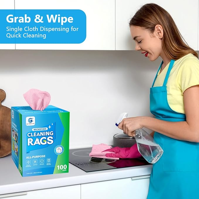 GLIMGLINT Pink Microfiber Cleaning Cloth 100 Pack Cleaning Rags Lint-Free Ultra Absorbent Reusable Paper Towels for Home Kitchen Car Garage or Shop Dish Rags 11 x 9