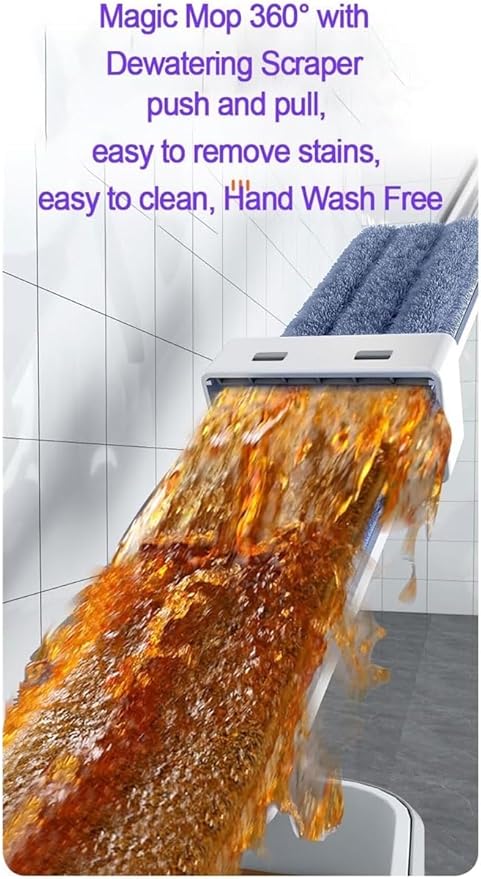 Large Flat Mop2024 New Large Flat MopSelf-contained Dewatering ScraperWall Cleaning with Long HandleMicrofiber Magic 360° with Dewatering Scraper 12027(White+4 Rag)