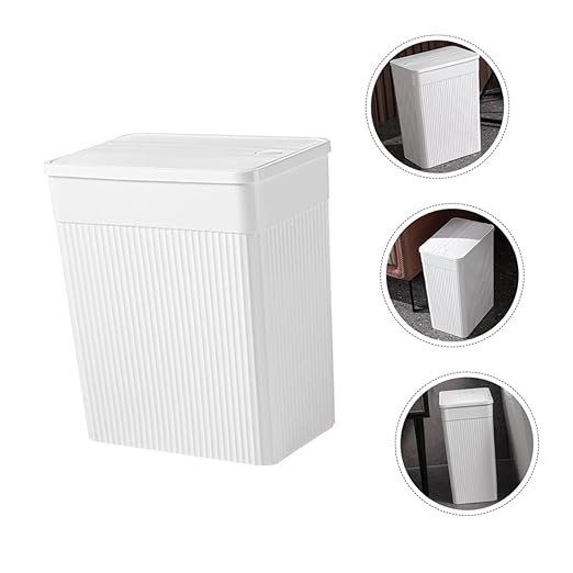 Press Lid Trash Can Large White Square Plastic Wastebasket with Covered Lid for Bathroom Kitchen Household Portable Small Trash Bin for Home Organization