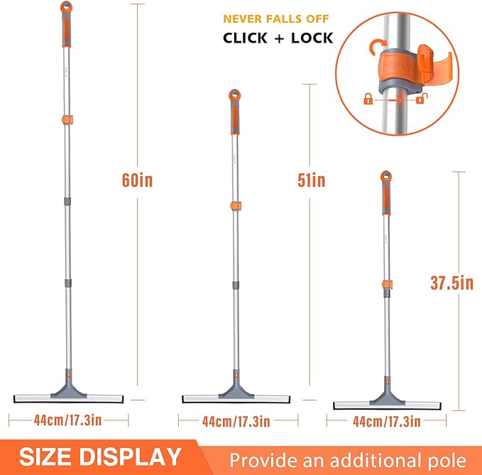 Eazer Floor Squeegee Broom: Heavy Duty Scrubber with Extendable 60'' Aluminum Pole and Rubber Blade for Kitchen Swimming Pool Concrete FloorsShowerTilesGaragesWindowsGlassPet Hair Removal