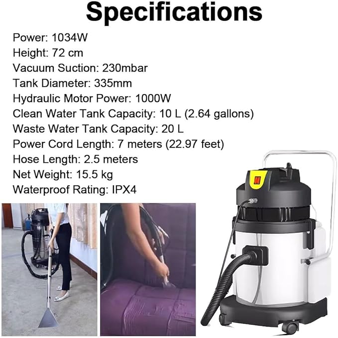 Stainless Steel Commercial Carpet Cleaner 3-in-1 Extractor Machine for Spraying Washing &amp Vacuuming Includes 6 Cleaning Attachments for Carpets Upholstery Auto Detailing (IPX4) 20L