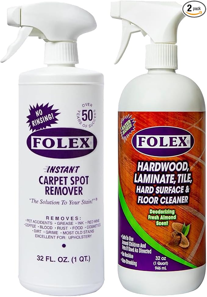 FOLEX Instant Carpet Spot Remover and Hardwood Laminate Tile &amp Floor Cleaner Bundle – Powerful Stain Remover for Carpet Rugs Upholstery and Multi-Surface Floor Cleaning 32 oz Each