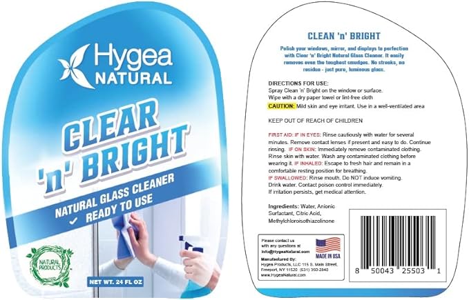 Hygea Natural Clear 'n' Bright - Non-Toxic Glass Cleaner Spray - Streak-Free &amp Ammonia-Free Window Cleaning - Window &amp Mirror Cleaning Supplies - Safe &amp Fast (3 Pack 24oz Spray)