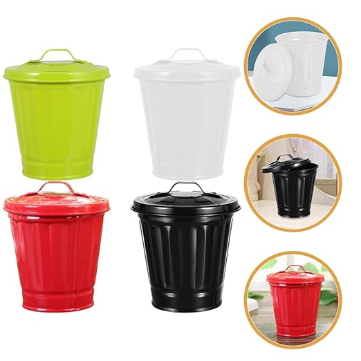 4pcs Cute Desktop Trash Can Lid Small Multi-Functional Wastebasket for Bedroom Kitchen Office Stylish Rubbish Bin for Home Decor Pen Container Plant Holder