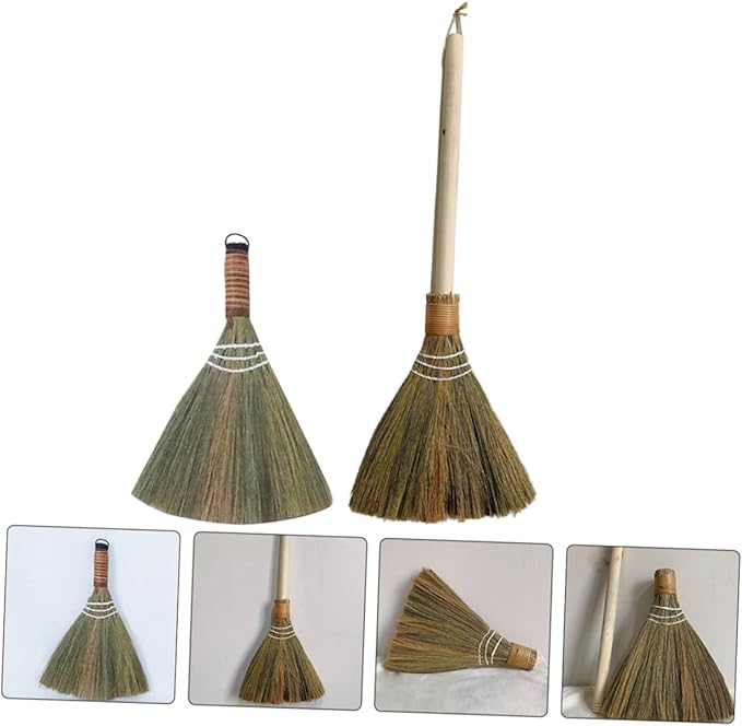 2pcs Natural Bamboo Broom Set Handmade Indoor Cleaning Brooms Long Handle Dust Removing for Home and Kitchen Woven Design