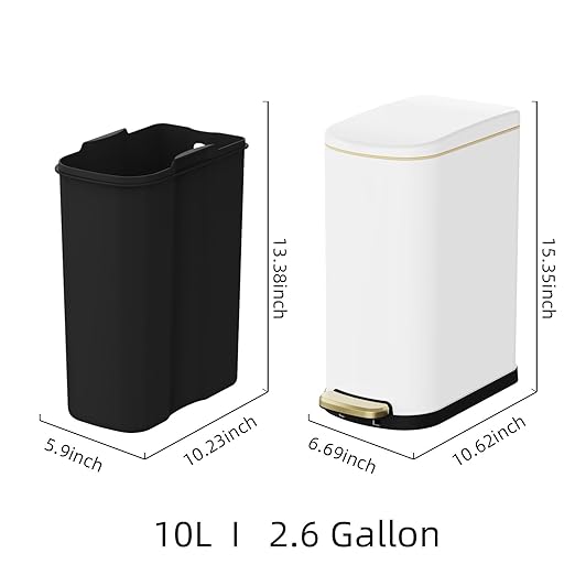 2.6 Gallon Slim Bathroom Trash Can with Soft Close Lid 10L Stainless Steel Garbage Can with Removable Liner Bucket for Narrow Spaces Bathroom Bedroom (White)