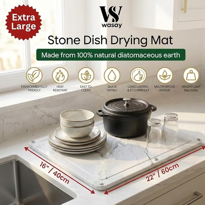 Extra Large Stone Drying Mat For Kitchen Counter 22X16 Stone Dish Drying Mat Quick Drying Matt Kitchen Counter Super Absorbent Diatomaceous Earth Dish Drying Stone Fits Most Dish Racks